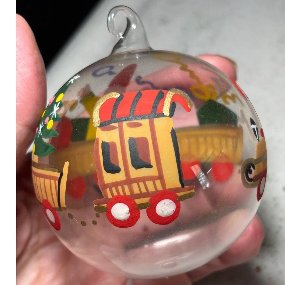 Vintage Handmade blown Christmas Train Ornament Hand Painted‎ Glass Whimsical